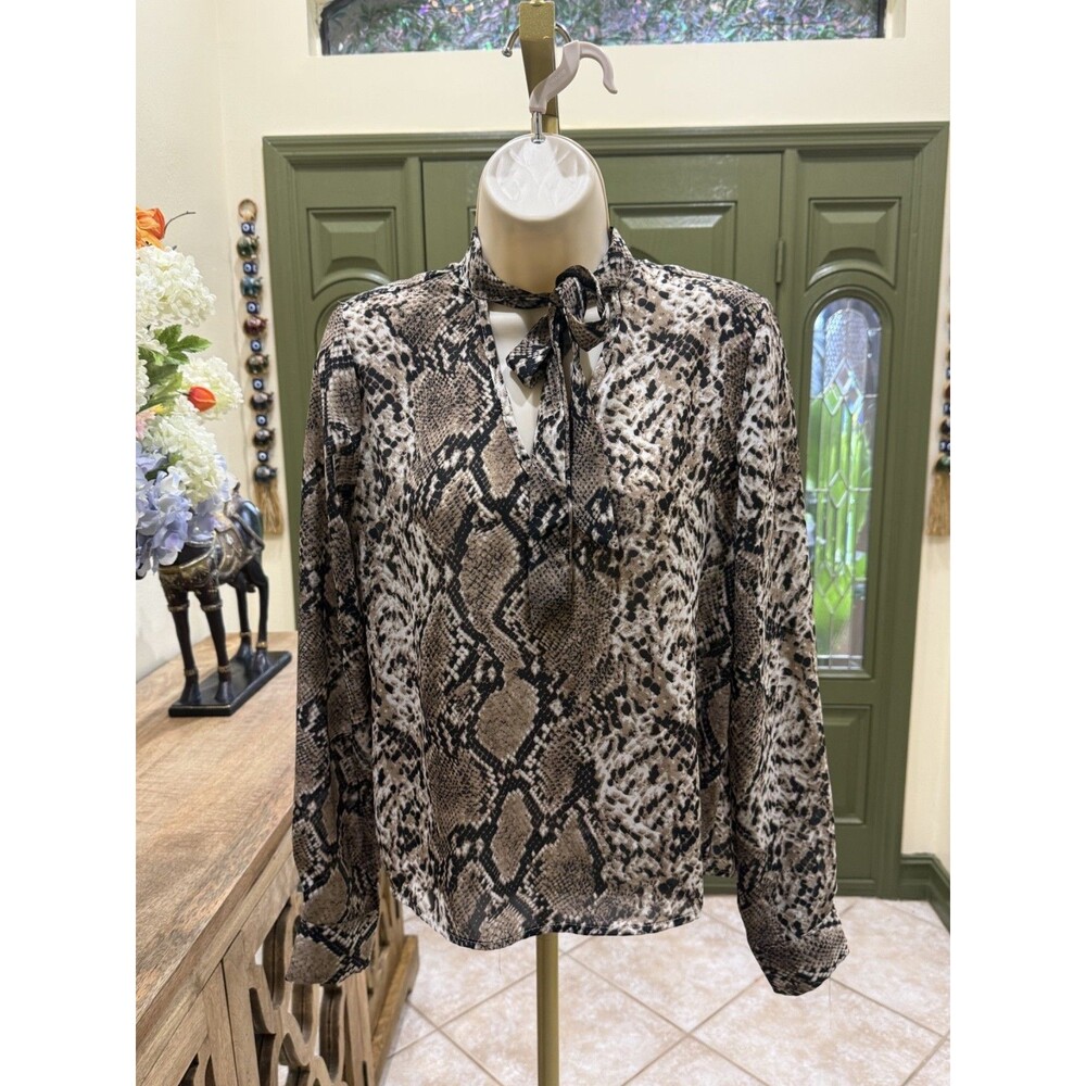 Brown & Black Snake Print Tie-Neck Blouse — Size S